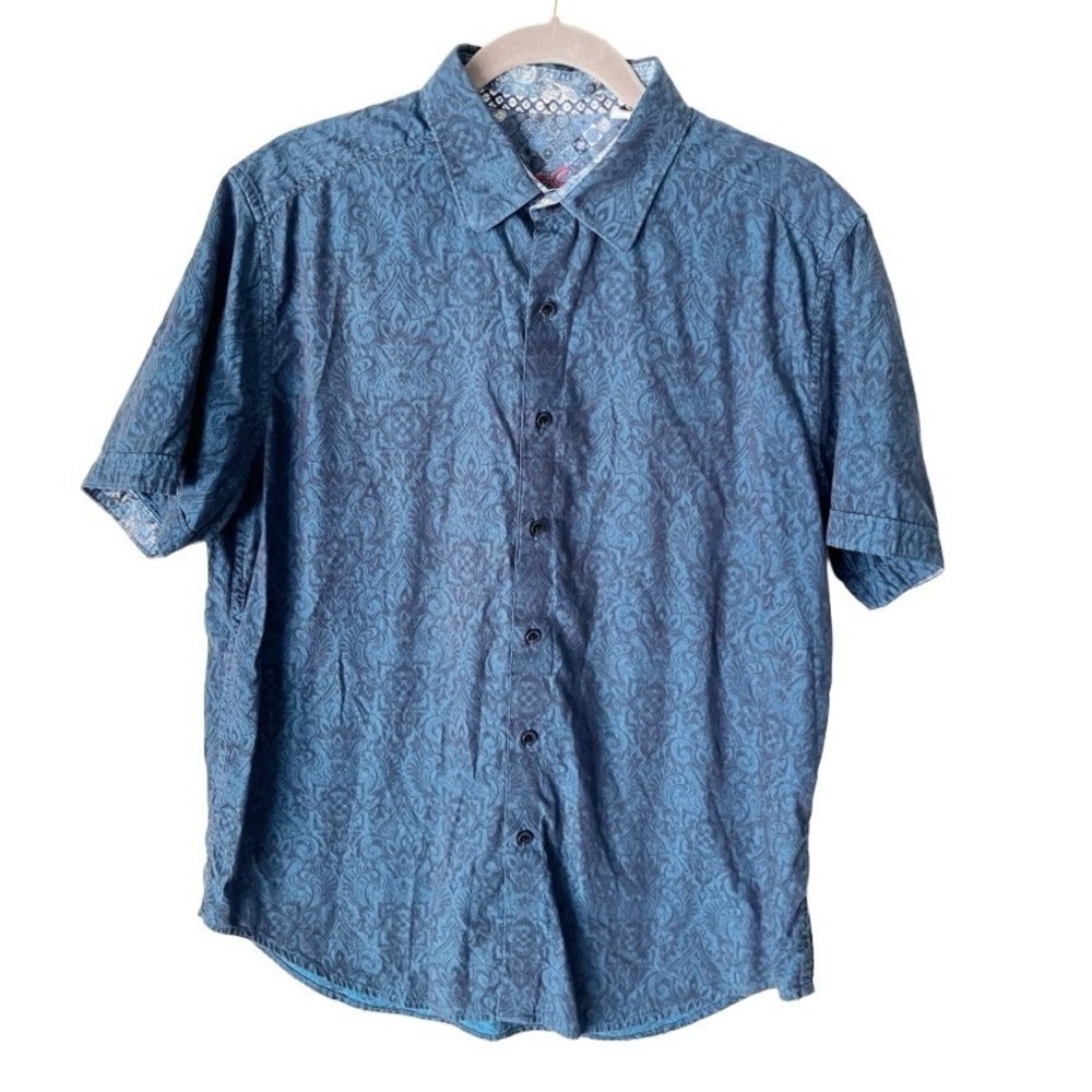 Robert Graham Blue Jacquard Damask Short Sleeve Button Down Shirt Size Large